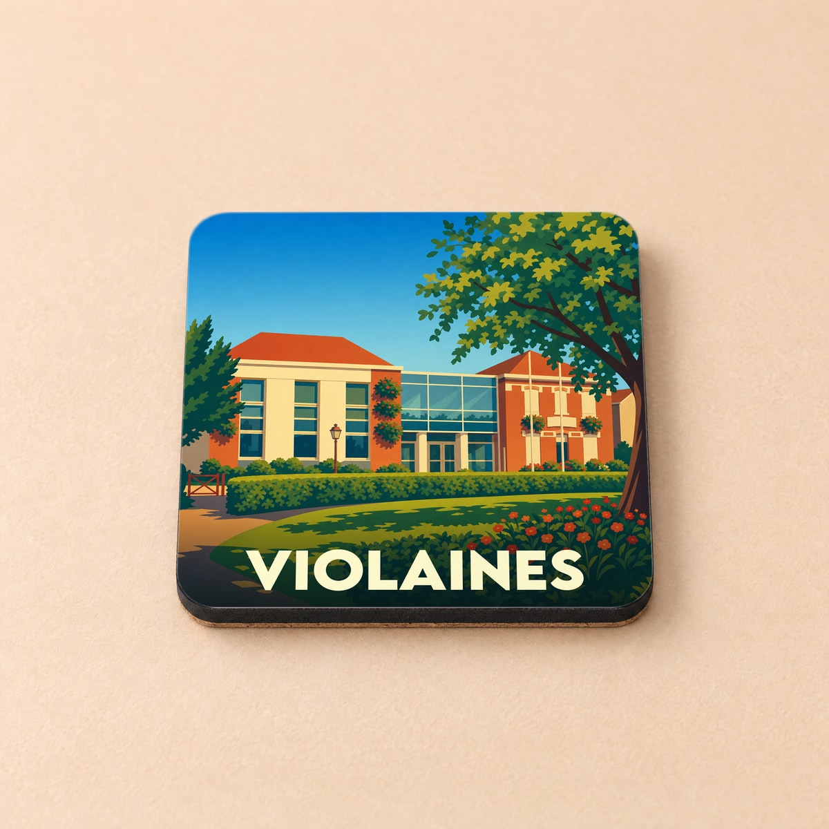 Dessous de verre souvenir de la ville de Violaines avec une illustration stylisée d'un bâtiment moderne et arboré.