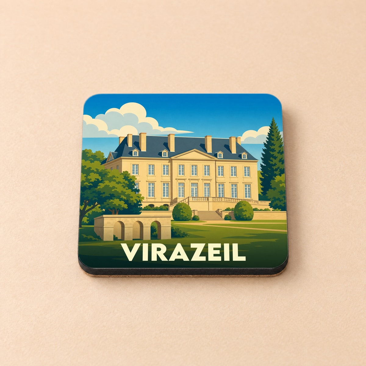 Dessous de verre souvenir de la ville de Virazeil avec une illustration stylisée d'un château.