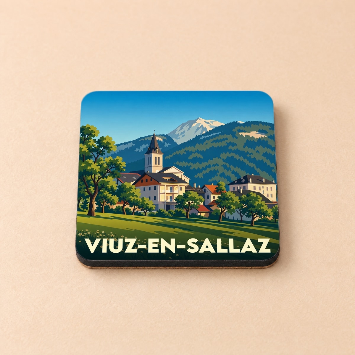 Dessous de verre souvenir de la ville de Viuz-en-Sallaz avec une illustration stylisée de montagne.