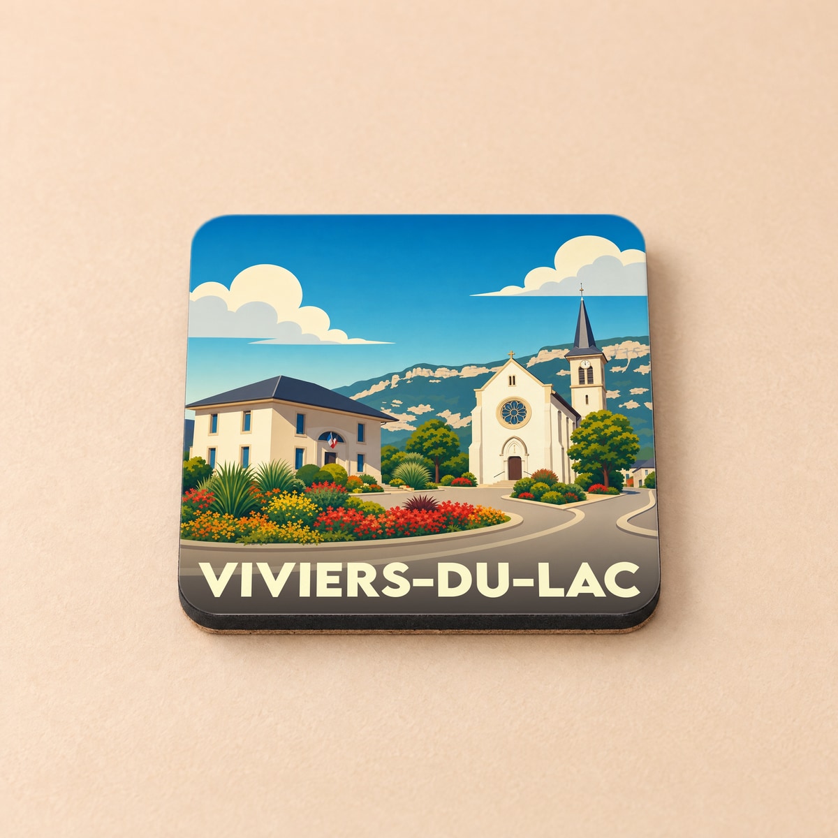 Dessous de verre souvenir de la ville de Viviers-du-Lac avec une illustration stylisée de sa mairie et de son église.