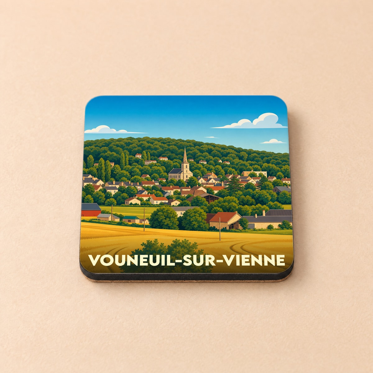Dessous de verre souvenir de la ville de Vouneuil-sur-Vienne avec une illustration stylisée d'un village pittoresque.