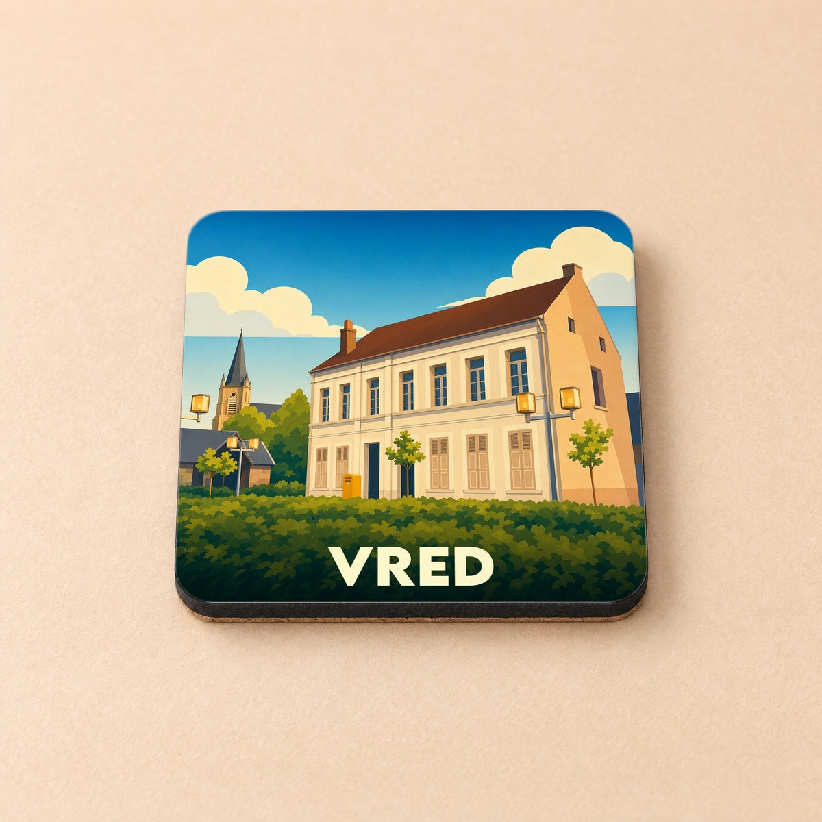 Dessous de verre souvenir de la ville de Vred avec une illustration stylisée d'un bâtiment remarquable.