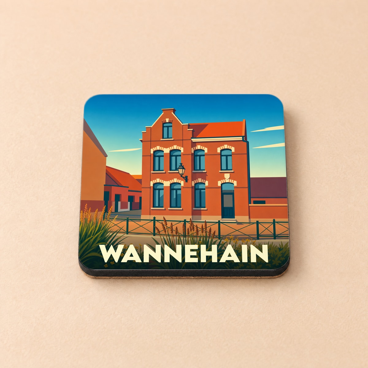Dessous de verre souvenir de la ville de Wannehain avec une illustration stylisée d'une maison traditionnelle en briques.