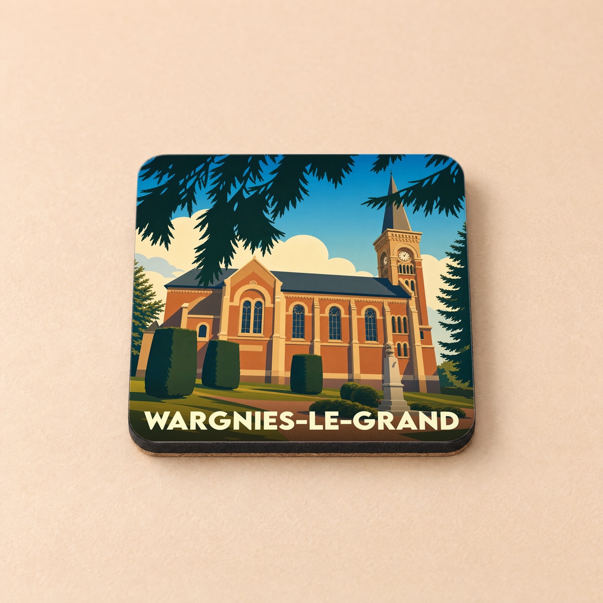 Dessous de verre souvenir de la ville de Wargnies-le-Grand avec une illustration stylisée de son église.