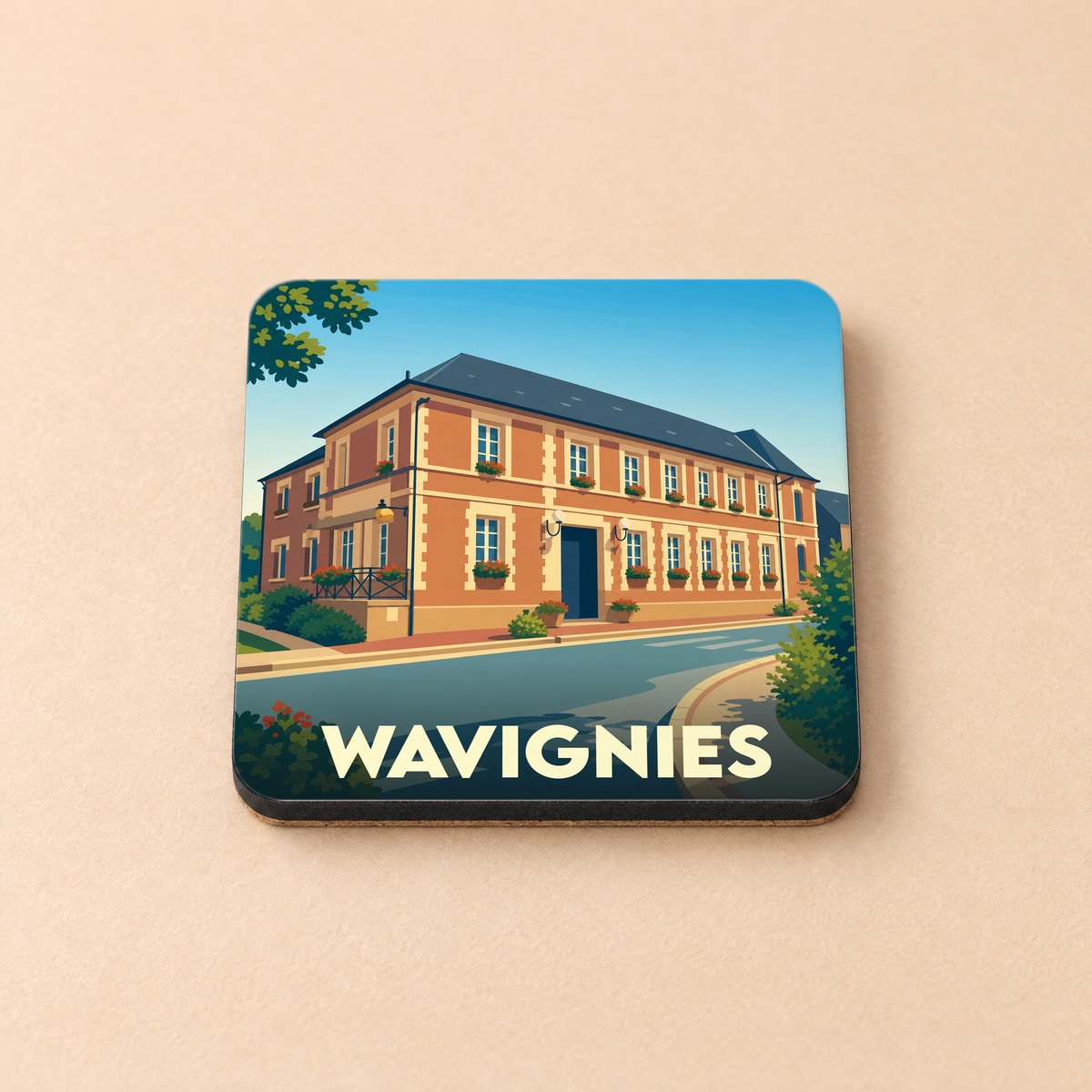 Dessous de verre souvenir de la ville de Wavignies orné d'une illustration stylisée de son architecture.