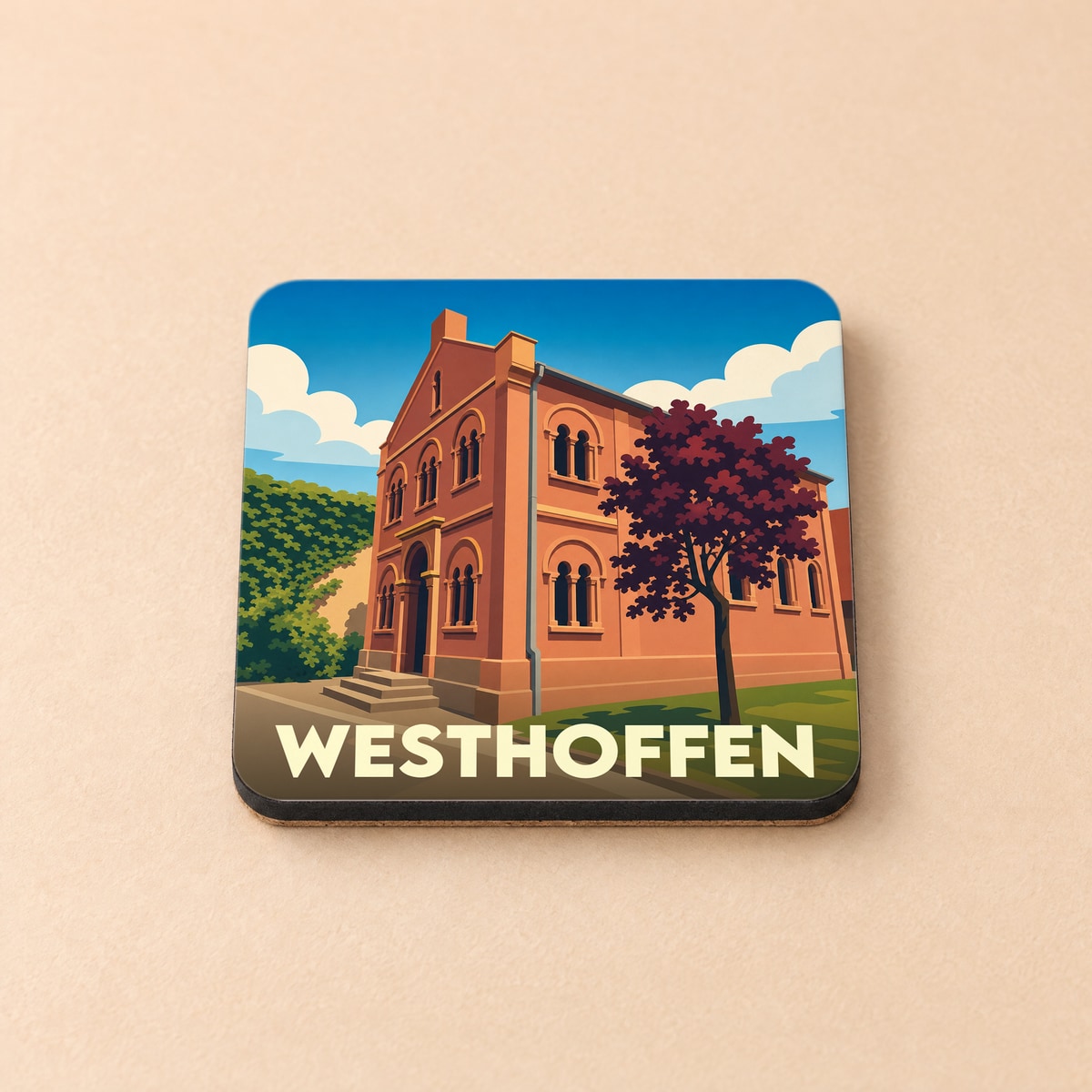 Dessous de verre souvenir de la ville de Westhoffen avec une illustration stylisée.