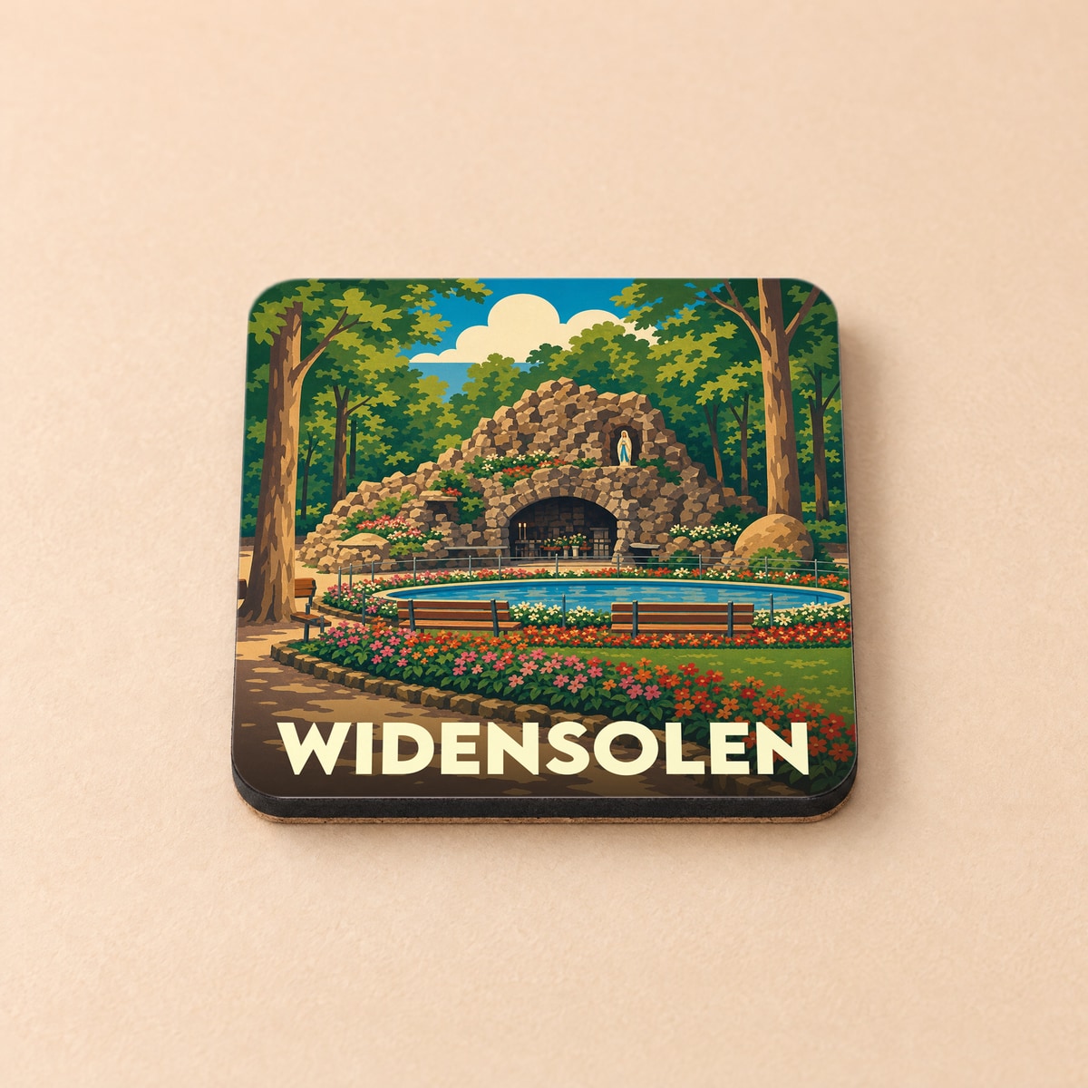Dessous de verre souvenir de la ville de Widensolen avec une illustration stylisée d'une grotte fleurie.