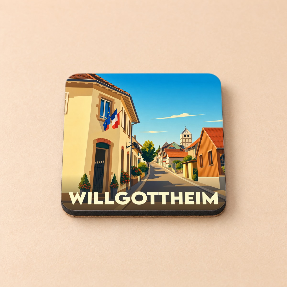 Dessous de verre souvenir de la ville de Willgottheim avec une illustration stylisée d'une rue typique.