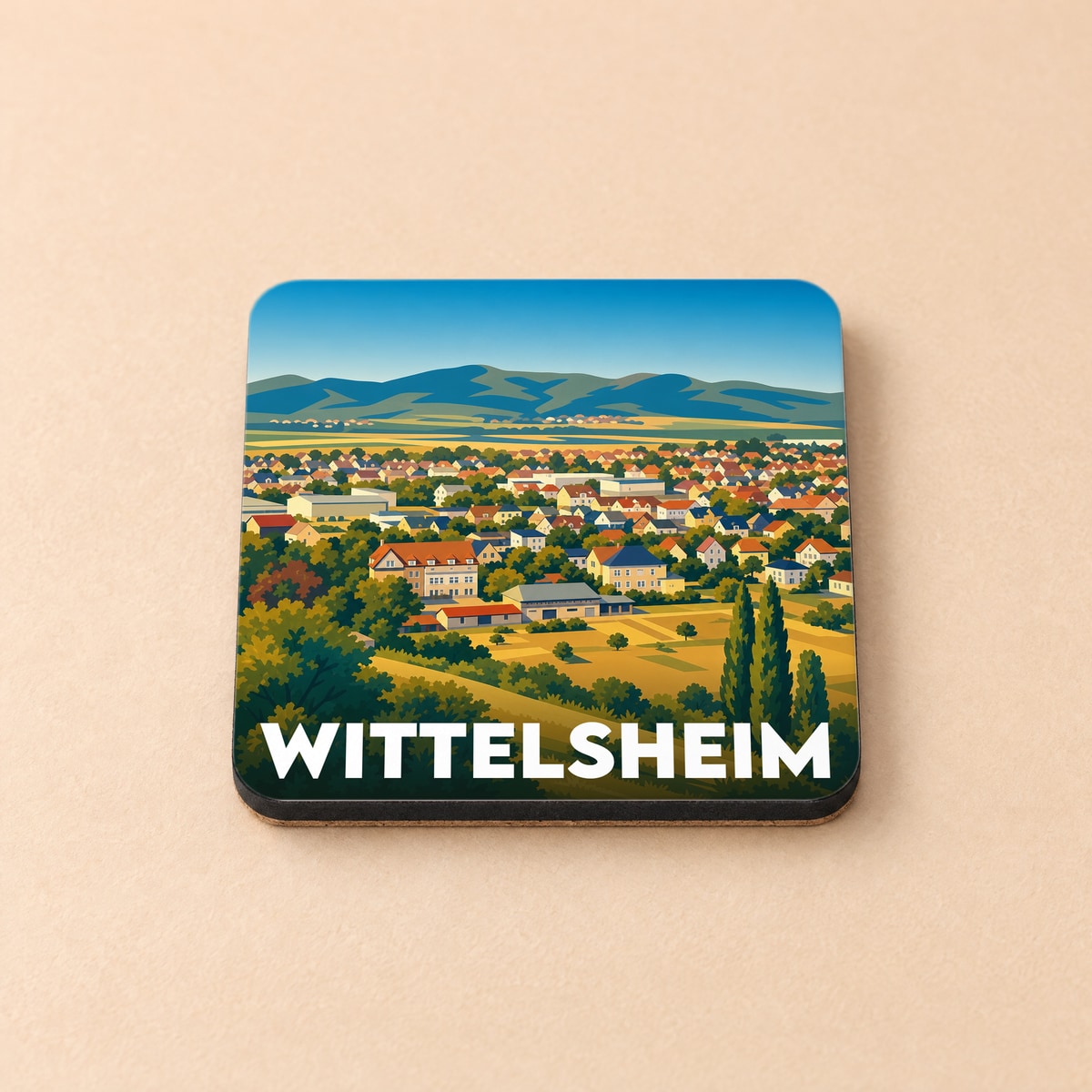 Dessous de verre souvenir de la ville de Wittelsheim avec une illustration stylisée de son paysage urbain et environnant.