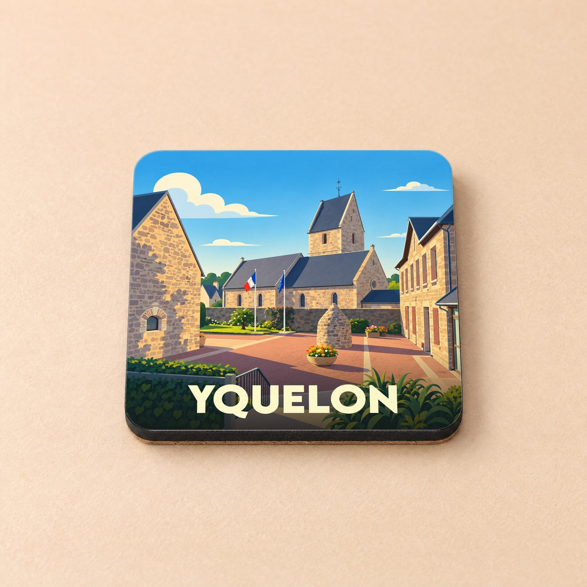 Dessous de verre souvenir de la ville d'Yquelon avec une illustration stylisée de ses bâtiments en pierre.