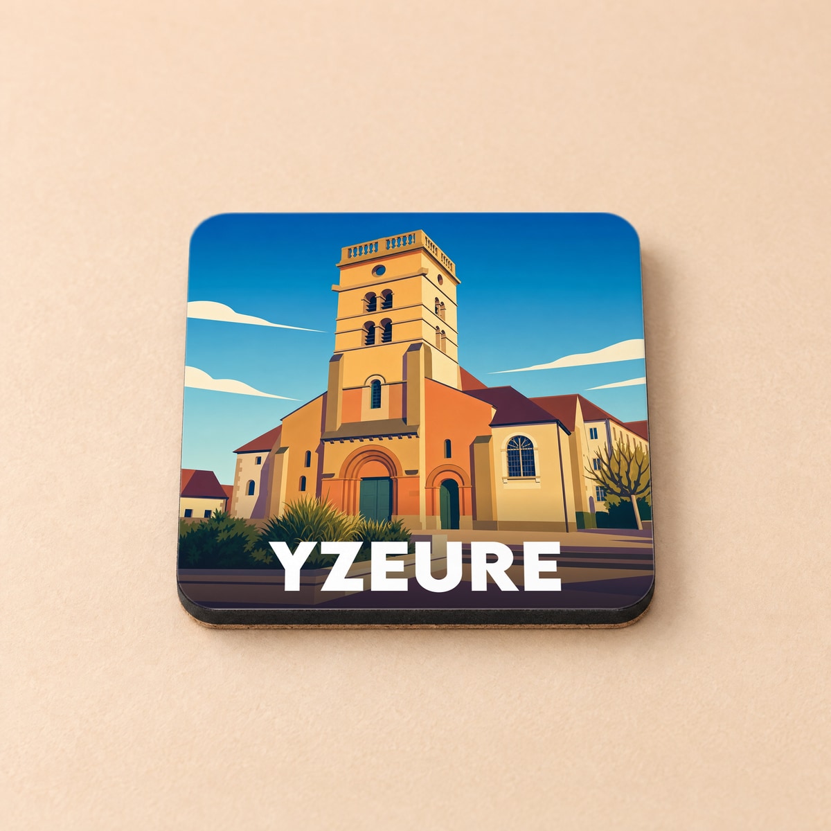 Dessous de verre souvenir de la ville d'Yzeure avec une illustration stylisée de son église.