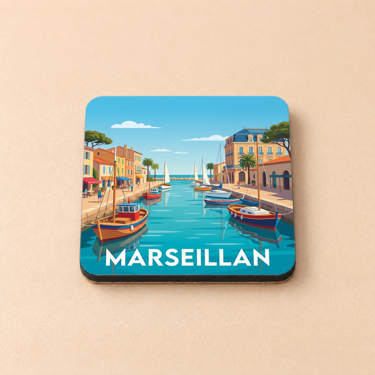 Dessous de verre souvenir de la ville de Marseillan avec une illustration stylisée de son port.