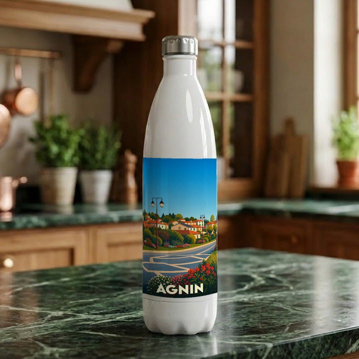 Gourde souvenir de la ville d'Agnin avec une illustration stylisée de son paysage urbain.