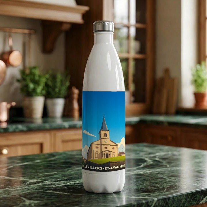 Gourde souvenir de la ville d'Aillevillers-et-Lyaumont avec une illustration stylisée de son église.