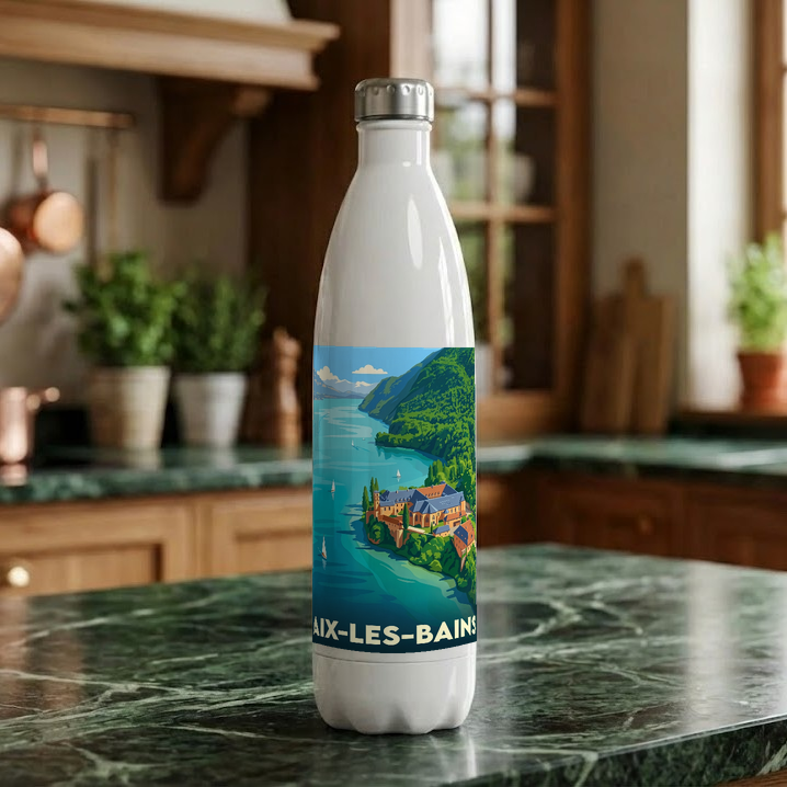 Gourde souvenir de la ville d'Aix-les-Bains avec une illustration stylisée.