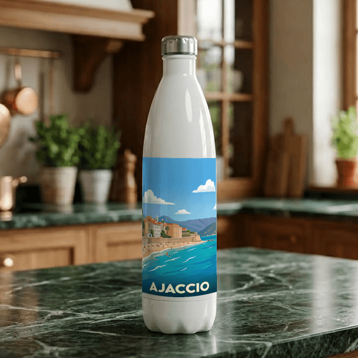 Gourde souvenir de la ville d'Ajaccio avec une illustration stylisée de son bord de mer.