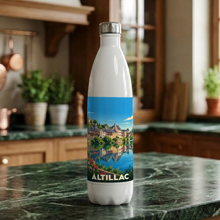 Gourde blanche souvenir de la ville d'Altillac illustrée d'un paysage coloré en bord de rivière.