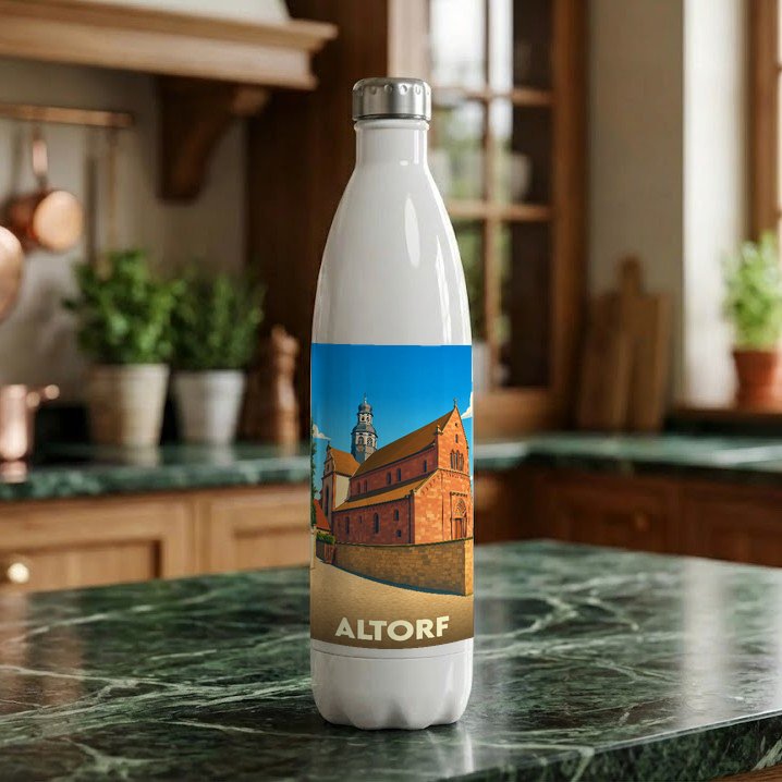 Gourde souvenir de la ville d'Altorf avec une illustration stylisée de son église abbatiale.