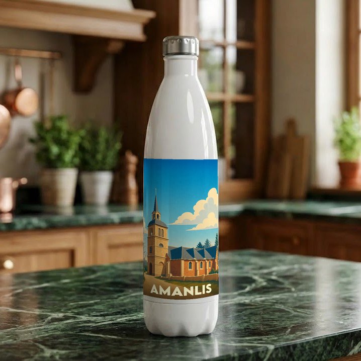 Gourde souvenir de la ville d'Amanlis ornée d'une illustration stylisée de son église sous un ciel bleu.