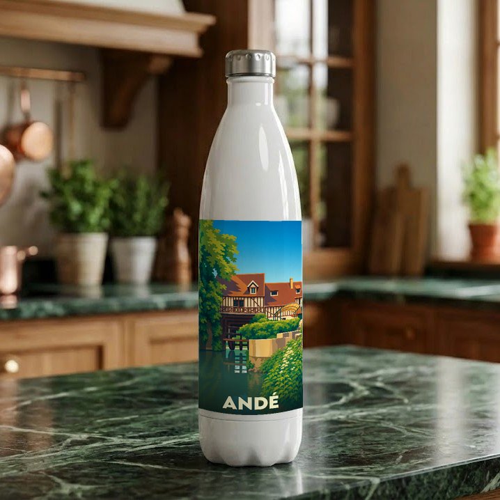 Gourde souvenir de la ville d'Andé ornée d'une illustration stylisée de son moulin au bord de l'eau.