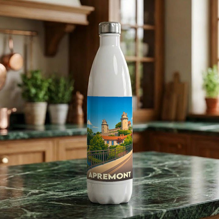Gourde blanche souvenir de la ville d'Apremont avec une illustration stylisée de son château.