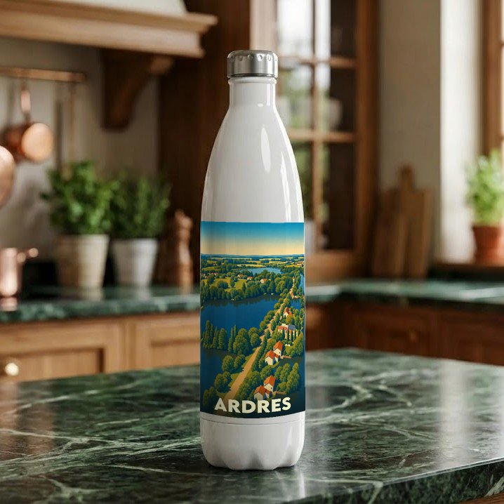 Gourde souvenir de la ville d'Ardres avec une illustration stylisée de son paysage lacustre.