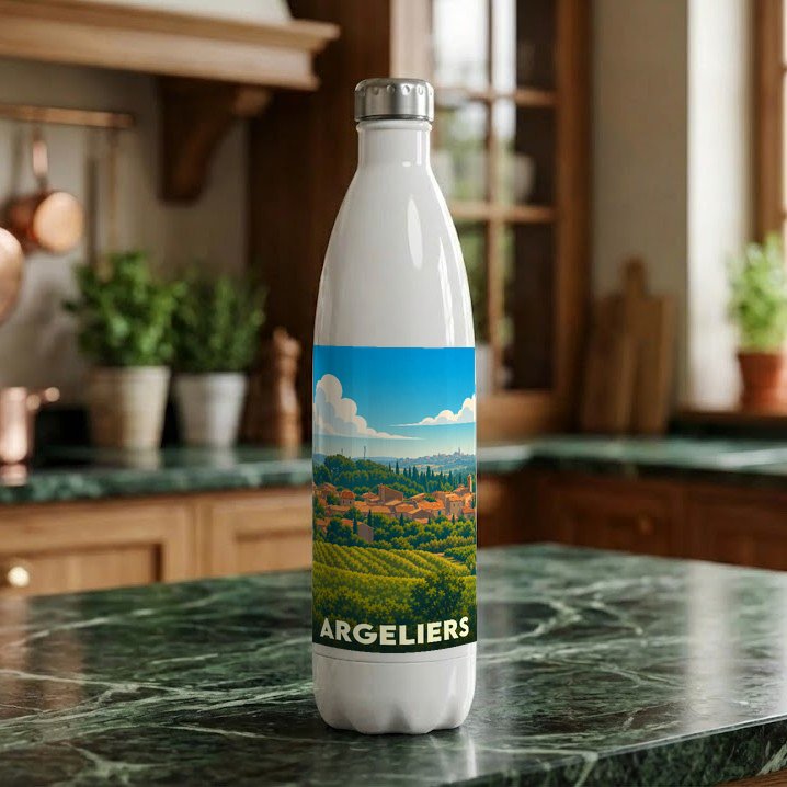 Gourde souvenir de la ville d'Argeliers avec une illustration stylisée de son paysage.