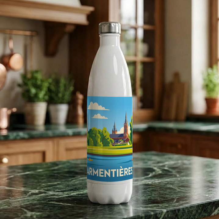 Gourde souvenir de la ville d'Armentières avec une illustration stylisée.