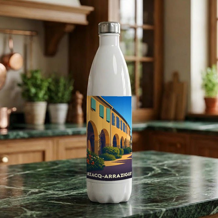Gourde souvenir de la ville d'Arzacq-Arraziguet avec une illustration stylisée.