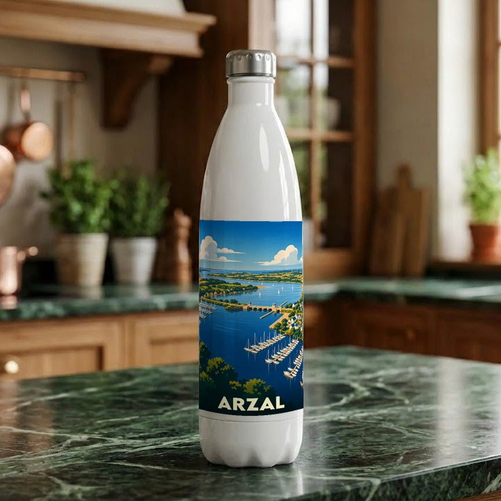 Gourde blanche souvenir de la ville d'Arzal ornée d'une illustration stylisée de son port.
