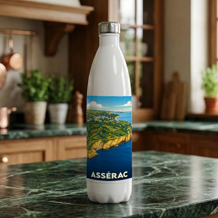 Gourde souvenir de la ville d'Assérac avec une illustration stylisée de son paysage côtier.