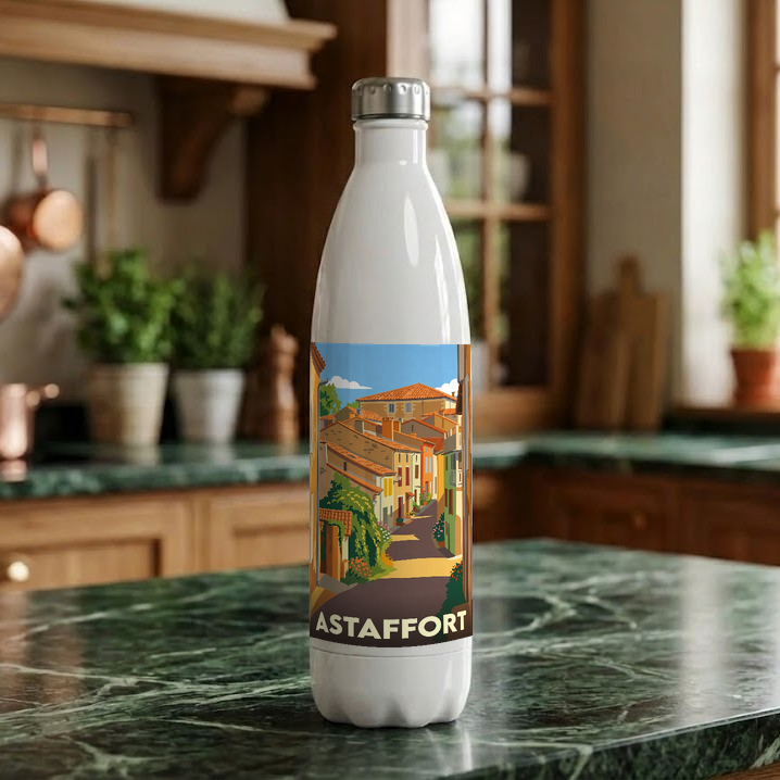 Gourde souvenir de la ville d'Astaffort avec une illustration stylisée.