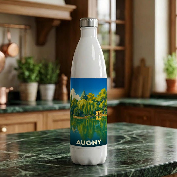 Gourde blanche souvenir de la ville de Augny avec une illustration stylisée d'un parc au bord de l'eau.