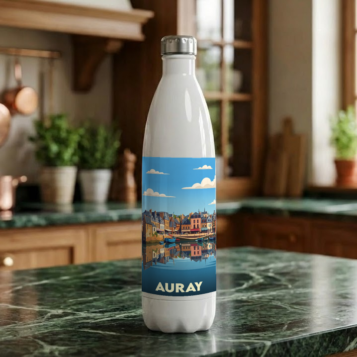 Gourde souvenir de la ville d'Auray avec une illustration stylisée du port.