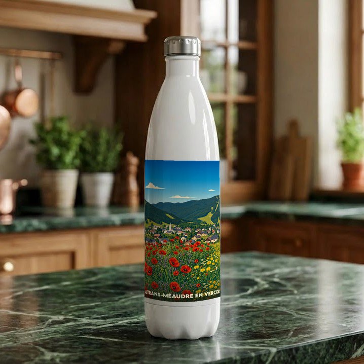 Gourde souvenir de la ville d'Autrans-Méaudre en Vercors avec une illustration stylisée de montagnes et de coquelicots.