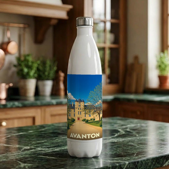 Gourde souvenir de la ville d'Avanton ornée d'une illustration stylisée de son château.