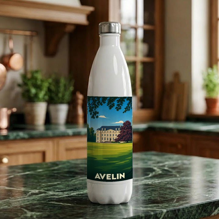 Gourde souvenir de la ville d'Avelin avec une illustration stylisée d'un château.