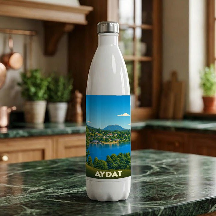 Gourde blanche souvenir de la ville d'Aydat avec une illustration stylisée de son lac et des montagnes.