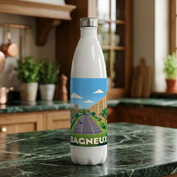 Gourde souvenir de la ville de Bagneux avec une illustration stylisée.