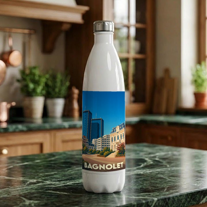 Gourde souvenir de la ville de Bagnolet avec une illustration stylisée.
