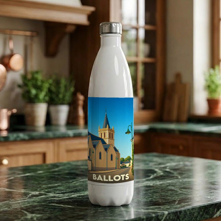 Gourde souvenir de la ville de Ballots avec une illustration stylisée.