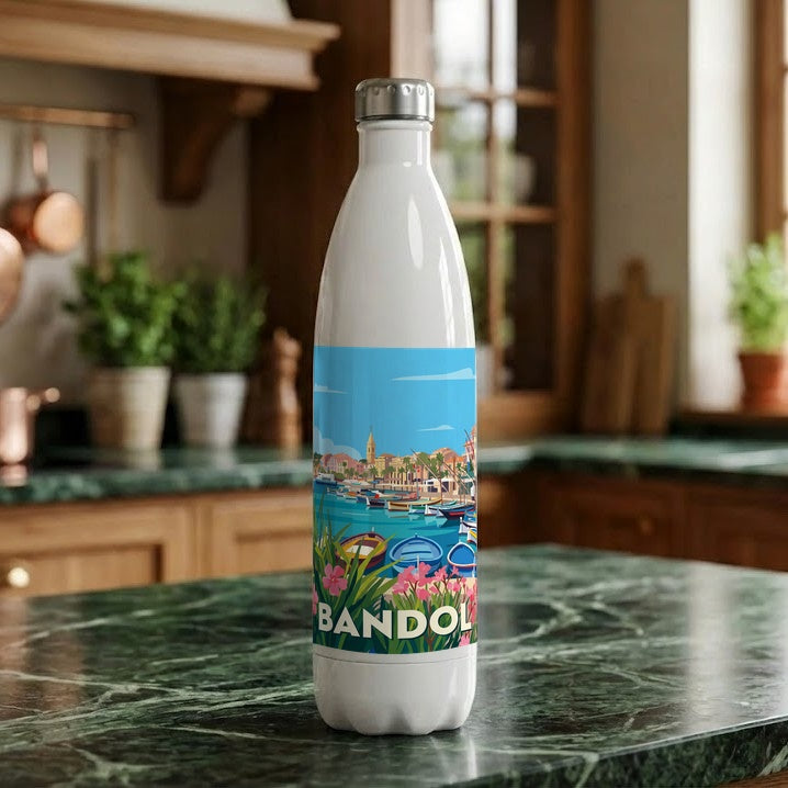 Gourde souvenir de la ville de Bandol avec une illustration stylisée.