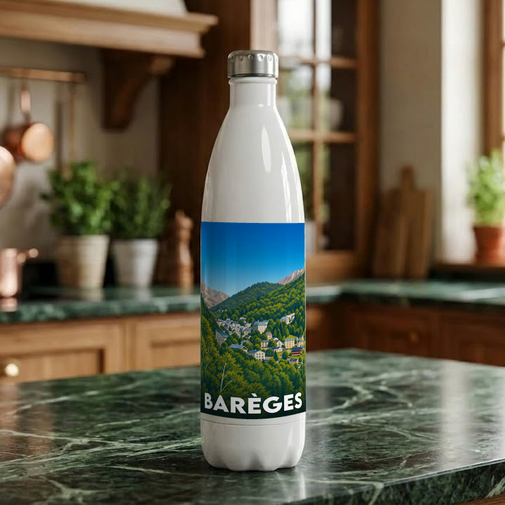 Gourde souvenir de la ville de Barèges avec une illustration stylisée.