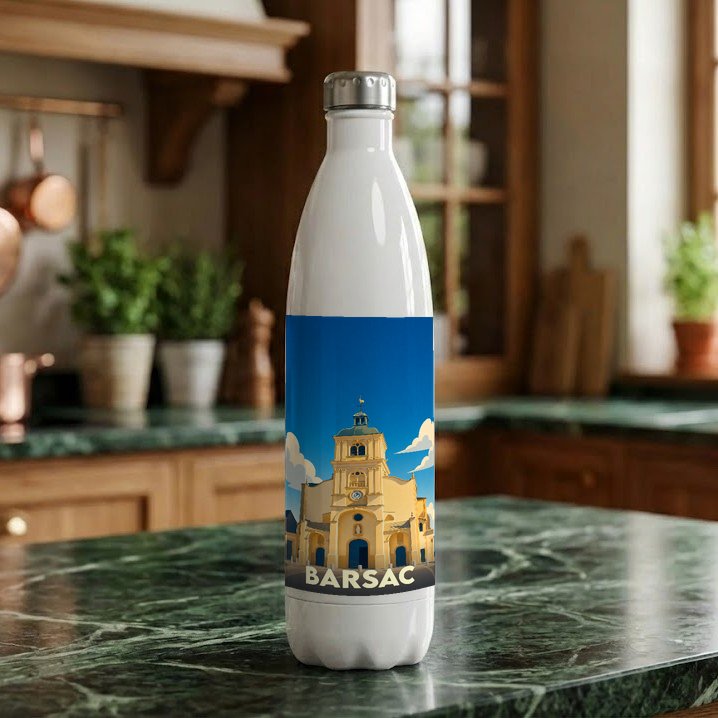 Gourde souvenir de la ville de Barsac avec une illustration stylisée de son église.