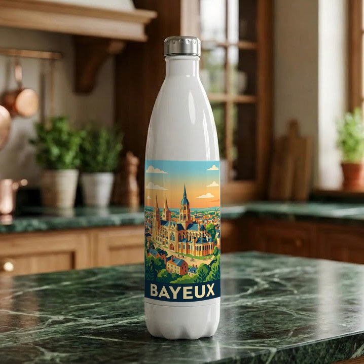 Gourde souvenir de la ville de Bayeux avec une illustration stylisée.