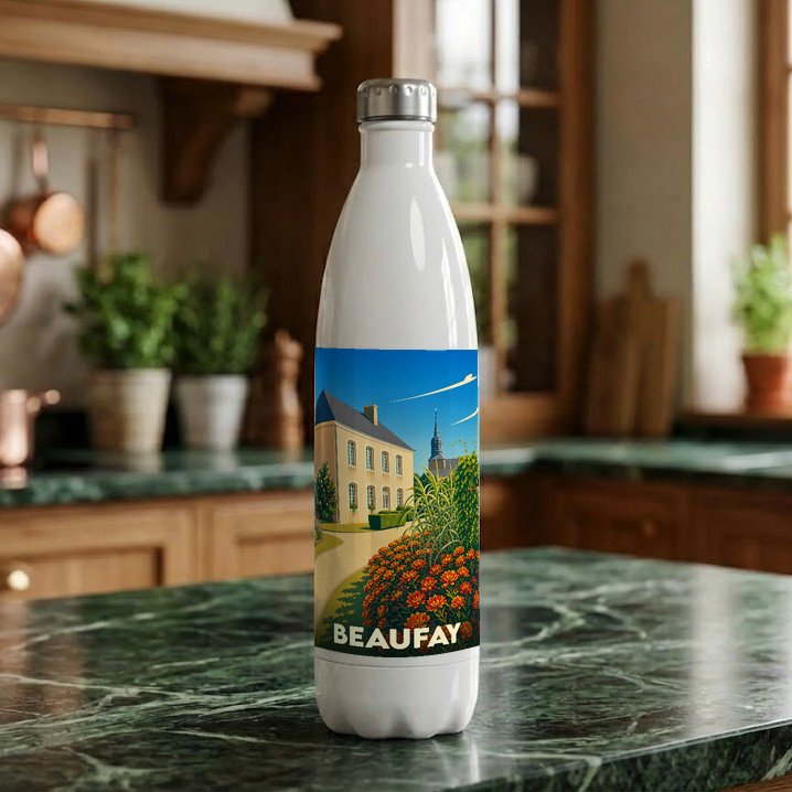 Gourde souvenir de la ville de Beaufay avec une illustration stylisée.