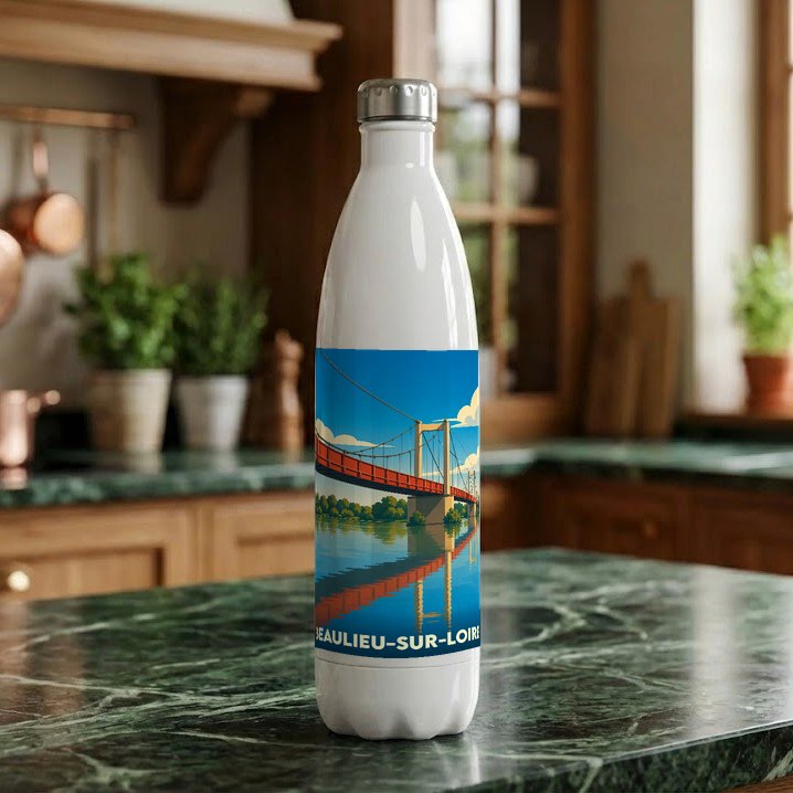 Gourde souvenir de la ville de Beaulieu-sur-Loire avec une illustration stylisée de son pont.