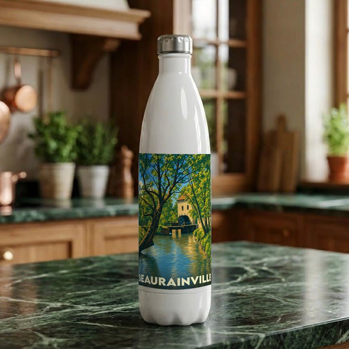Gourde souvenir de la ville de Beaurainville avec une illustration stylisée d'un moulin au bord de l'eau.