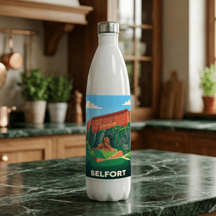 Gourde souvenir de la ville de Belfort avec une illustration stylisée.