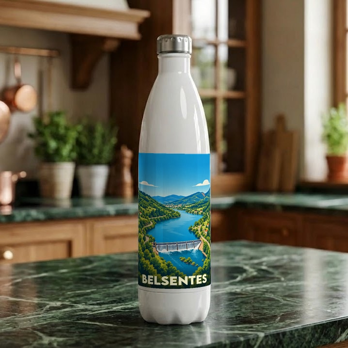 Gourde souvenir de la ville de Belsentes avec une illustration stylisée d'un paysage de barrage.